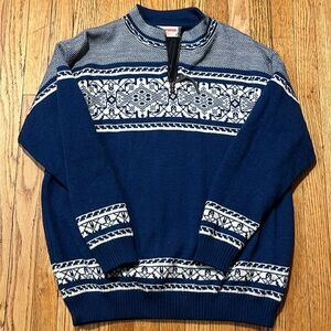 NorWear Fair Isle Knit 100% Pure Wool 1/4 Zip Blue Sweater Lined Mens Size L